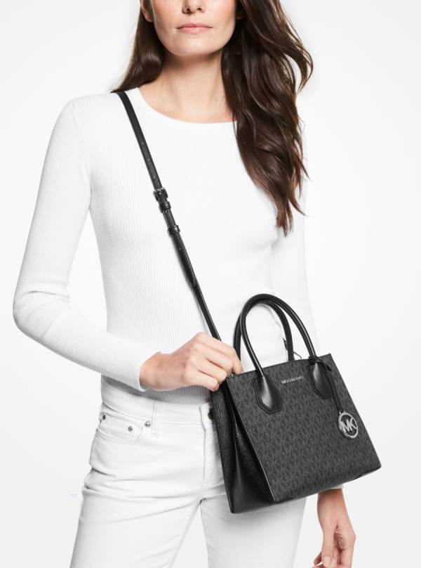 Damske Satchel Taske Michael Kors Mercer Medium Logo and Leather Accordion Čierne - Kabelky Michael Kors Levně | HWXOZ-6439